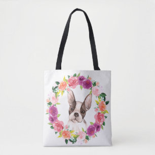 Bulldog francés, bolsa de baño con flores