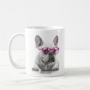 Bulldog francés con tazas de gafas rosadas