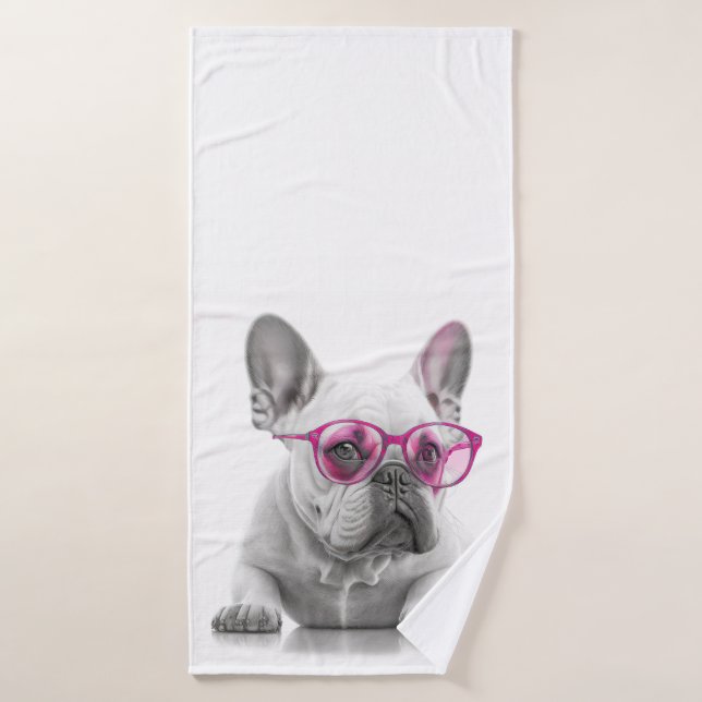 Bulldog francés con toalla de baño de gafas rosa (Toalla de baño)