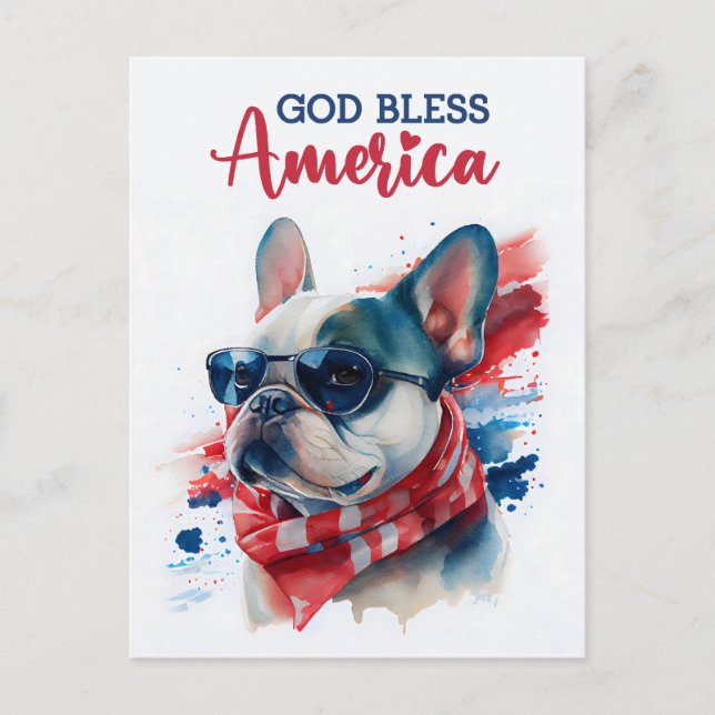 Bulldog Francés, Dios Bendiga América Tarjeta Post (Anverso)