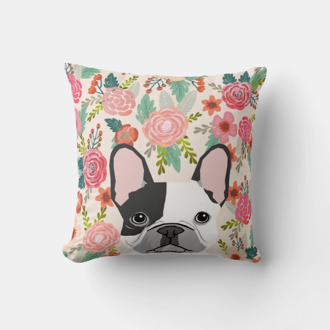 Bulldog francés lindo mascota de almohada floral (Anverso)
