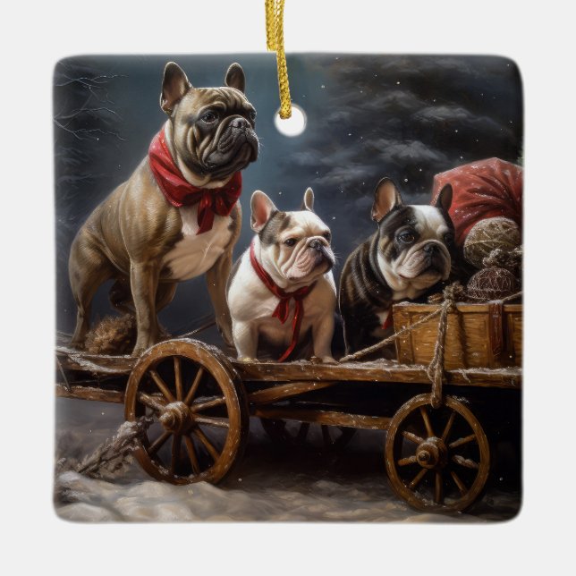 Bulldog Francés Snowy Sleigh Decoración de Navidad (Anverso)