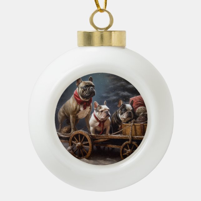Bulldog Francés Snowy Sleigh Decoración de Navidad (Anverso)