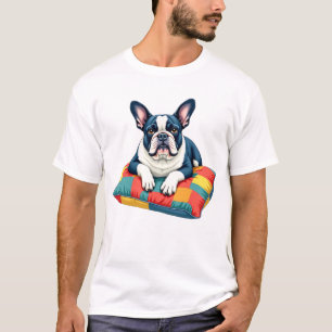 Bulldog francés sobre la colorida camiseta de un c