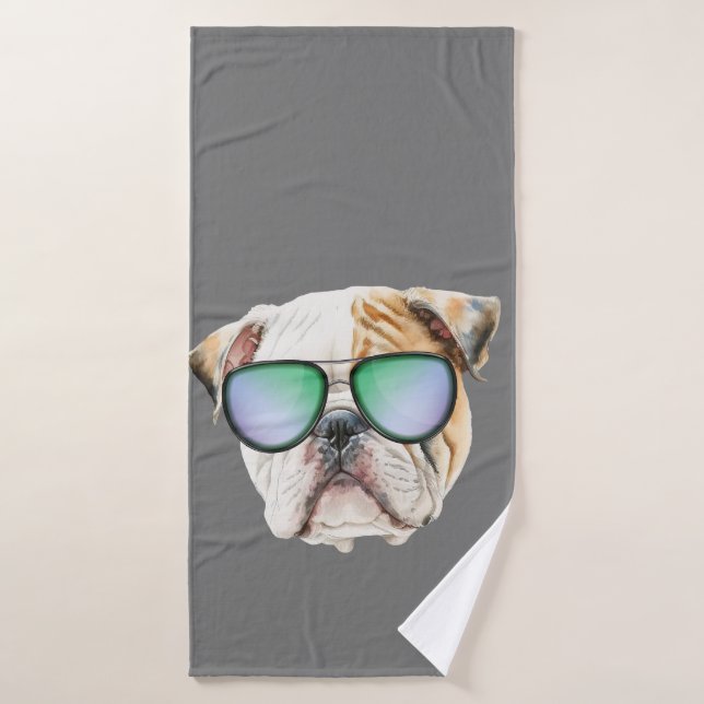 Bulldog inglés lindo con gafas de sol, perrito gra (Toalla de baño)