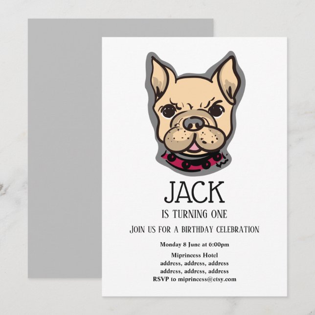 Bulldog, perro, invitación de cumpleaños del masco (Anverso / Reverso)