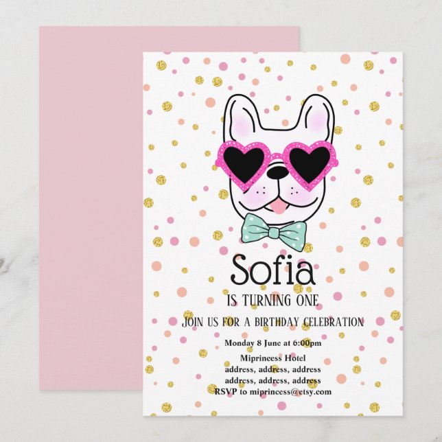 Bulldog, perro, invitación de cumpleaños del masco (Anverso / Reverso)