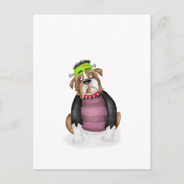 Bulldog vestido con la postal de Frankenstein (Anverso)