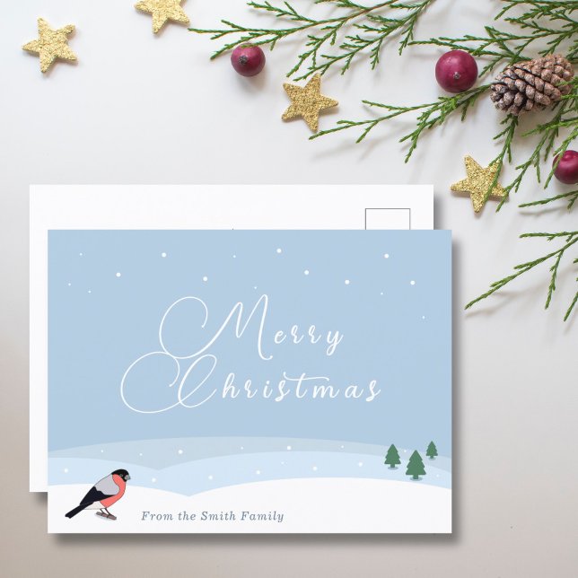 Bullfinch y Snowley Paisaje Tarjeta navideña Merry (Bullfinch & Snowy Landscape Merry Christmas Card - Front)