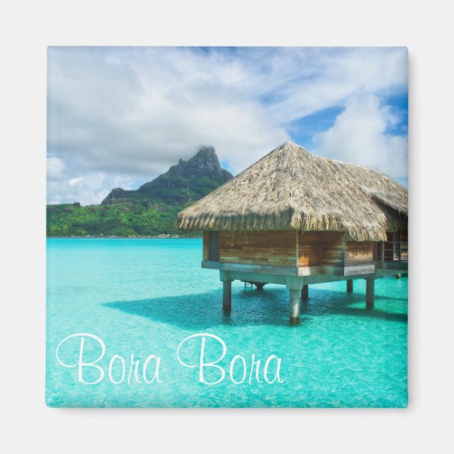 Bungalow sobre el agua, imán de texto Bora Bora (Frente)