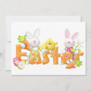 Bunnies de Pascua y tarjeta plana de pollo
