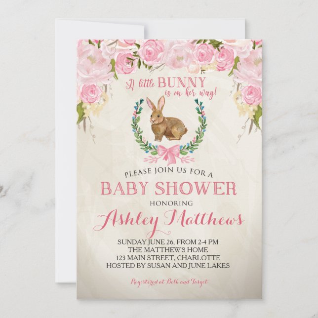 Bunny BABY SHOWER rosa Bella Invitación Floral (Anverso)