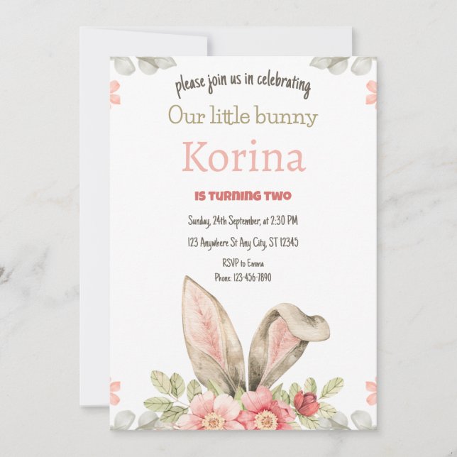 Bunny Birthday Party Invitación floral rosa (Anverso)
