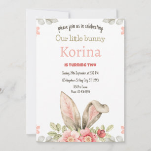 Bunny Birthday Party Invitación floral rosa