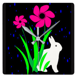 Bunny blanco con reloj de pared de flores, por Jul