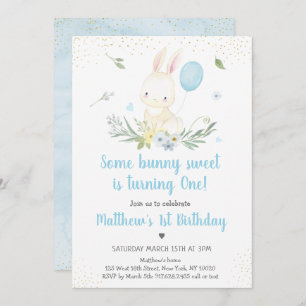 Bunny Blue Boy Greenery Invitación al cumpleaños