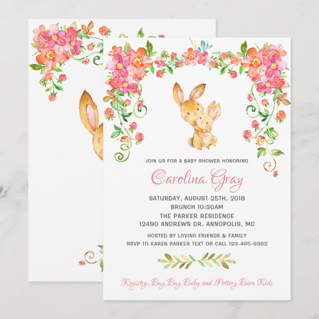 Bunny Boho Invitación floral Baby Shower rosa (Anverso / Reverso)