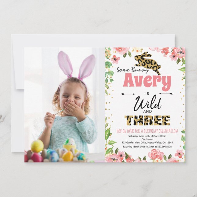 Bunny Wild and Three Birthday Photo Invitation (Anverso)
