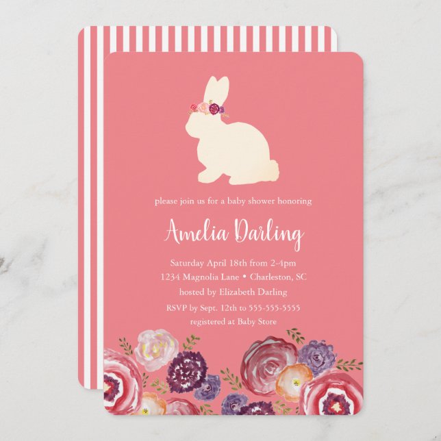 Bunny with Flowers Headband Baby Shower Invitación (Anverso / Reverso)