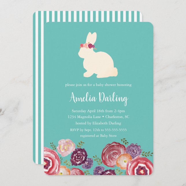 Bunny with Flowers Headband Baby Shower Invitación (Anverso / Reverso)