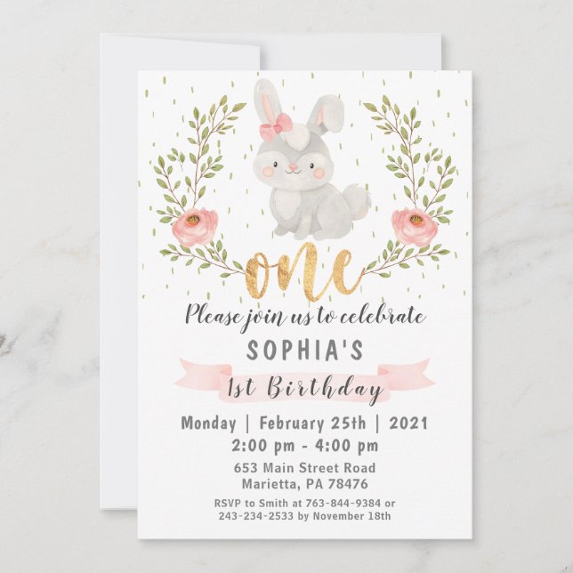 Bunny Woodland Wild One Birthday Party Invitación (Anverso)