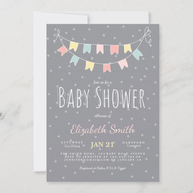 Buntings Baby Shower Invitación Tinta rosa gris ro (Anverso)