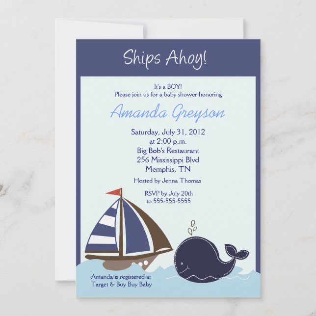 Buques Ahoy Ballena Azul Invitación Baby Shower 5x (Anverso)