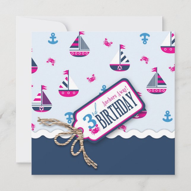 ¡Buques Ahoy! Invitación al cumpleaños 3 Chica (Anverso)