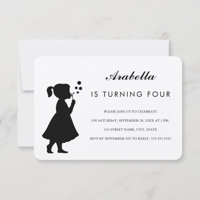 burbujas de soplo de chica| Invitación a la fiesta (Anverso)