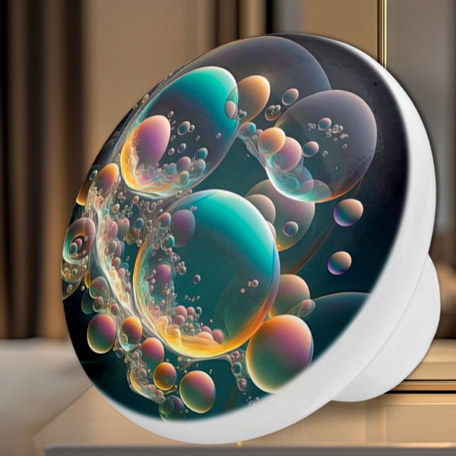 Burbujas flotantes Pomo de cerámica (Ceramic Knob for Bathroom - Iridescent Teal, Pink, Yellow, Purple and Black Bubbles)