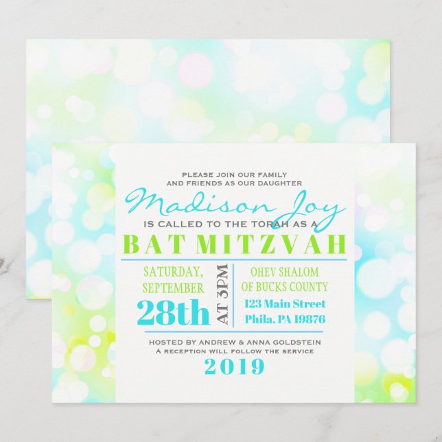BURBUJAS LUMINOSAS Bat Mitzvah Invitación (Anverso / Reverso)