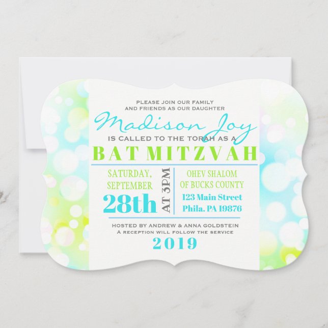 BURBUJAS LUMINOSAS Bat Mitzvah Invitación (Anverso)