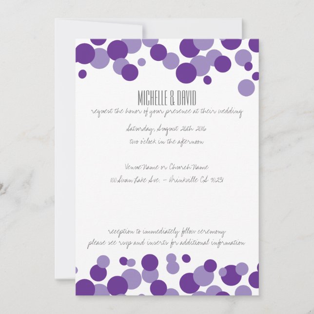 Burbujas moradas Confetti Invitaciones a la boda (Anverso)