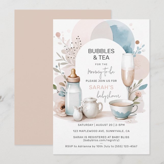 Burbujas y té Invitación a Baby Shower para que ma (Anverso / Reverso)