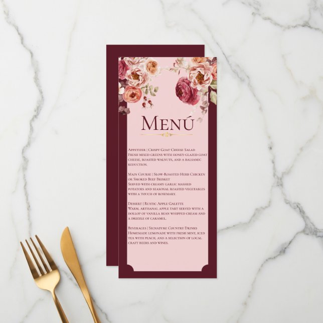 Burgundy and Blush Pink Floral Wedding Menu Card (Anverso/Reverso In Situ)