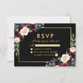 Burgundy Azul Floral Boda RSVP Negro Oro