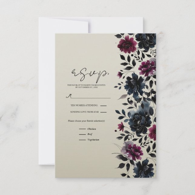 Burgundy Azul Medianoche Almendra Floral RSVP (Anverso)