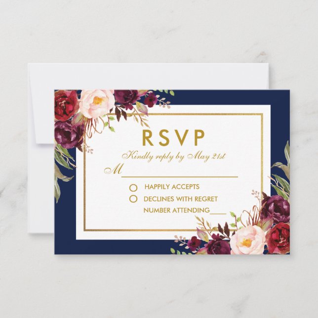 Burgundy Blue Gold Watercolor Floral Wedding RSVP (Anverso)