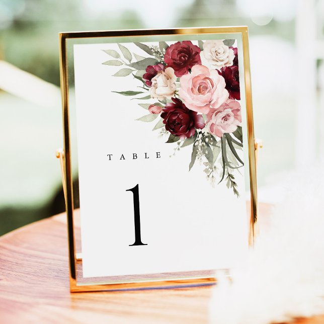 Burgundy Blush Pink Floral Wedding Table Numbers (burgundy blush pink floral wedding table numbers, elegant rose reception table decor signage)