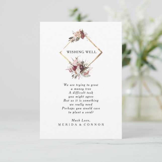 Burgundy Boho Boda Floral Deseando tarjeta de bien (Anverso de pie)