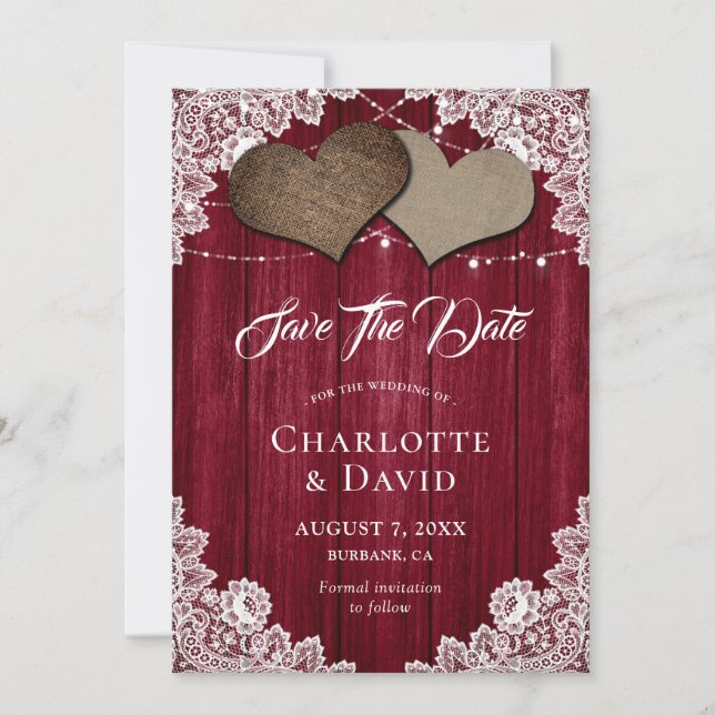 Burgundy Burlap Lace Wedding Guardar La Tarjeta De (Anverso)
