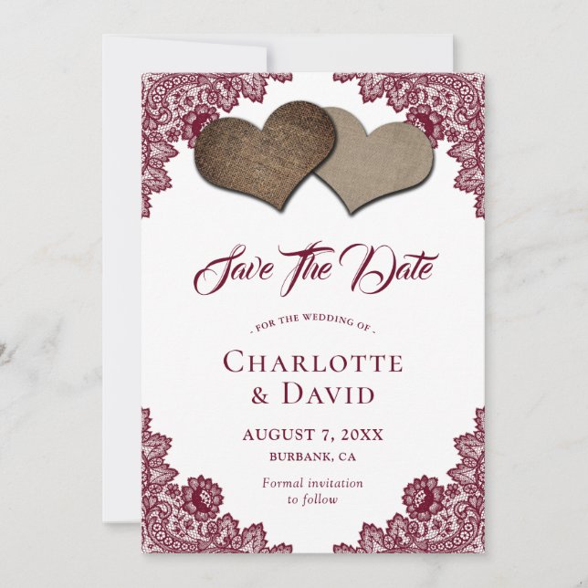 Burgundy Burlap Lace Wedding Guardar La Tarjeta De (Anverso)