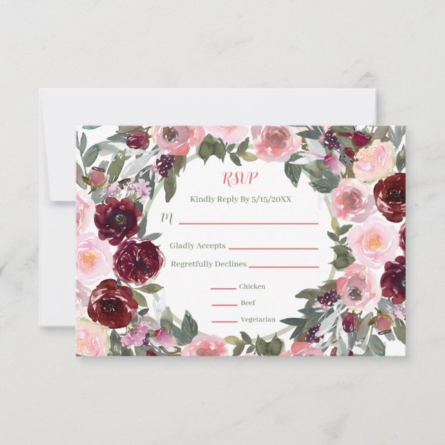 Burgundy Dusty rosa de la boda acuarela rosa RSVP (Anverso)