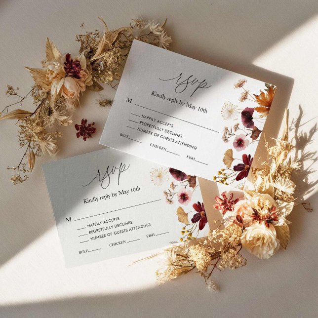 Burgundy Fall Boho Boda Floral Tarjeta RSVP (Burgundy Floral Fall Wedding RSVP Cards)