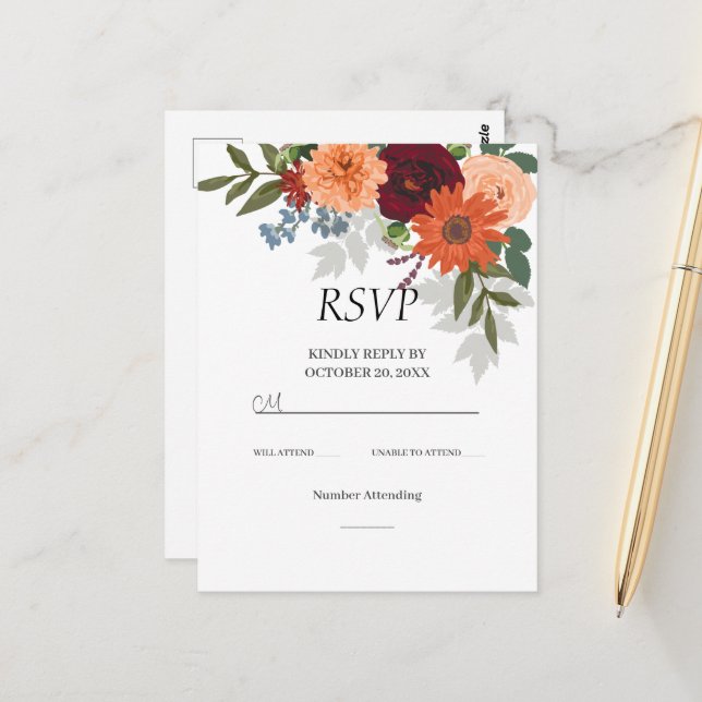 Burgundy Fall Garden Floral Wedding Tarjeta RSVP (Anverso/Reverso In Situ)
