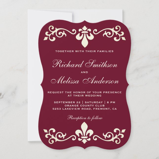 Burgundy Fleur De Lis Invitación a la boda (Anverso)