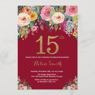 Burgundy Floral 15a. Invitación de cumpleaños al o