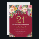 Burgundy Floral 21ª Invitación de cumpleaños al or<br><div class="desc">Invitación a los 21 Años con Floral Borgoña para Mujeres. Flor floral acuarela. Purpurina negro y oro. Rosa,  Amarillo,  Naranja,  Flor Púrpura. Cumpleaños de adultos. Para una mayor personalización,  haga clic en el botón "Personalizar" y utilice nuestra herramienta de diseño para modificar esta plantilla.</div>