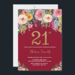 Burgundy Floral 21ª Invitación de cumpleaños al or<br><div class="desc">Invitación a los 21 Años con Floral Borgoña para Mujeres. Flor floral acuarela. Purpurina negro y oro. Rosa,  Amarillo,  Naranja,  Flor Púrpura. Cumpleaños de adultos. Para una mayor personalización,  haga clic en el botón "Personalizar" y utilice nuestra herramienta de diseño para modificar esta plantilla.</div>