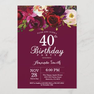 Burgundy Floral 40.ª invitación a la fiesta de cum